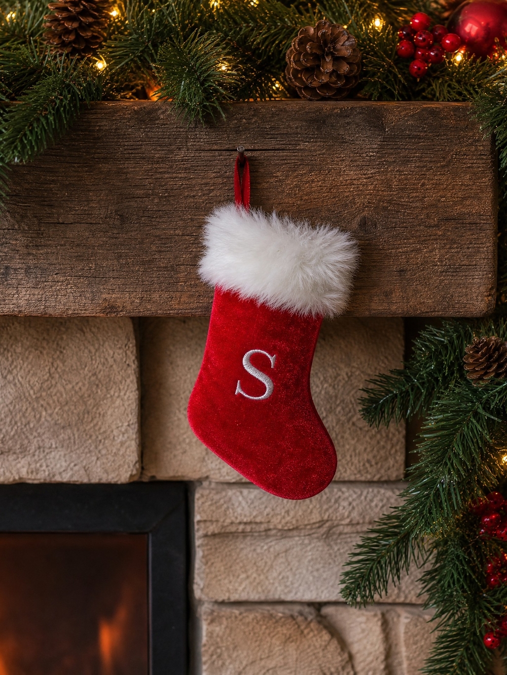 NWT Old Time Pottery Monogram Silver "S" Mini Red/White Christmas Stocking